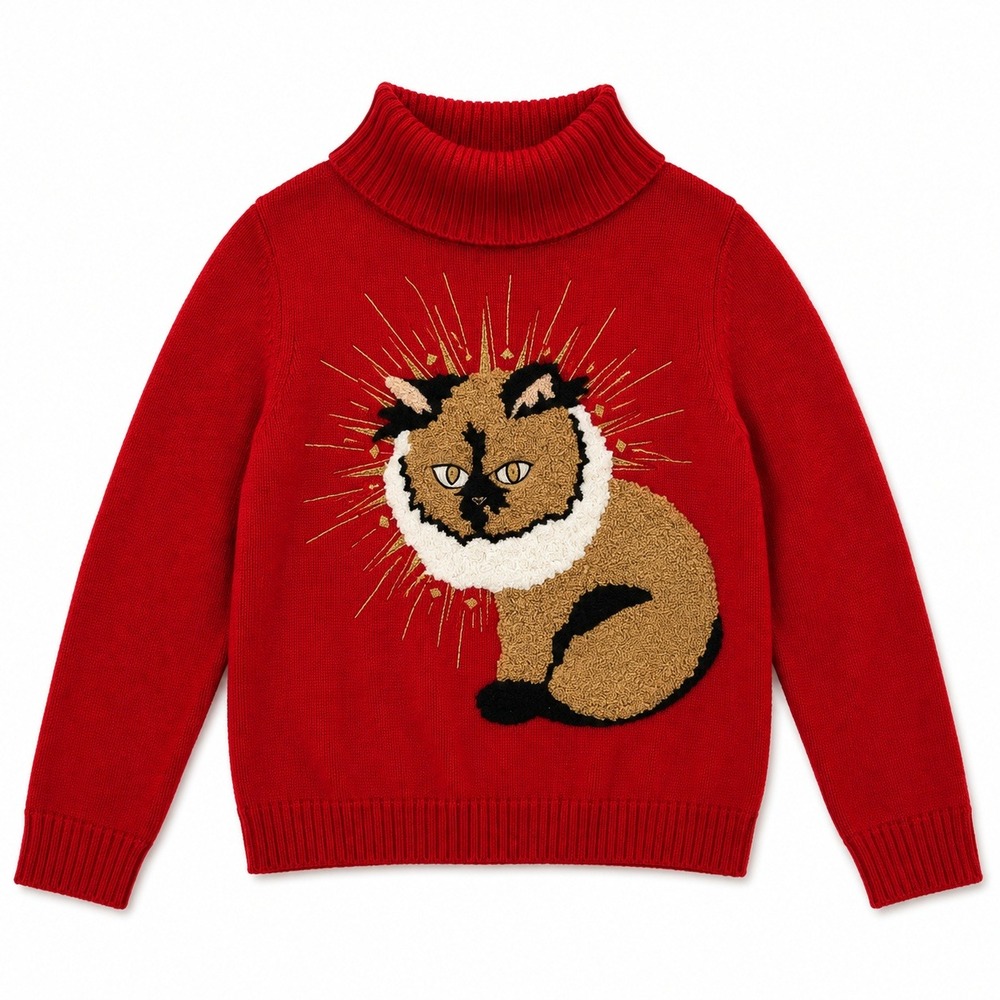 Guess Red Cat Turtleneck Sweater Gold Sun Angel L Maximalist Kitty Meow Novelty